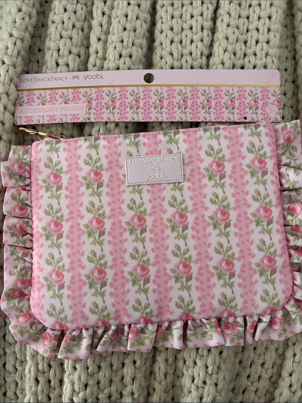 LoveShackFancy Pink Floral Ruffle Cosmetic Pouch